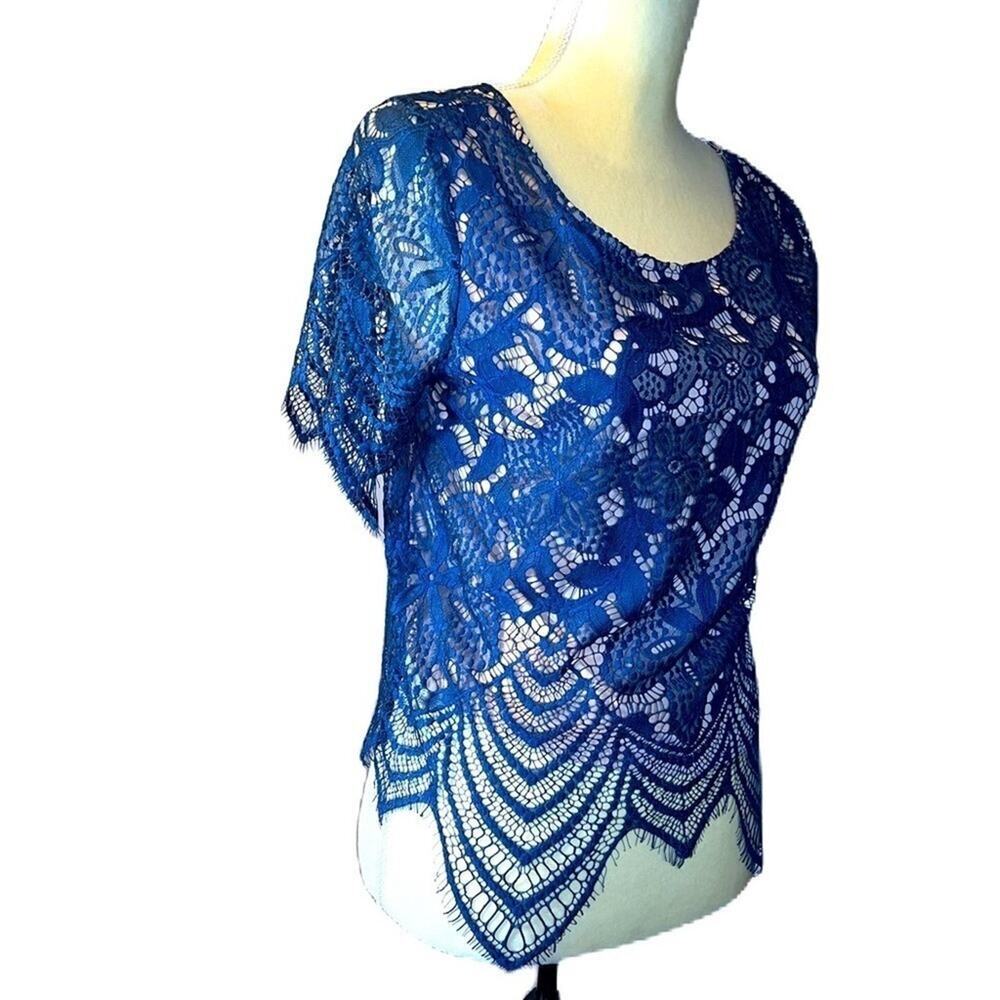 Express Womens Blue Lace Short Sleeve Top with Nude Lining Size S